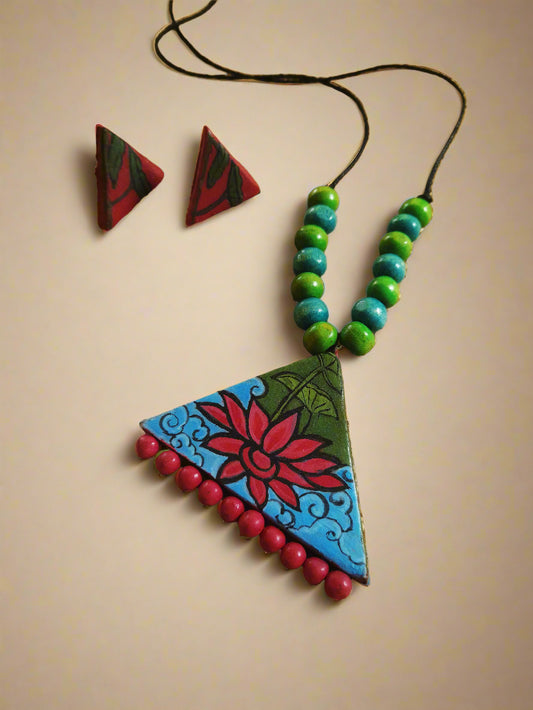 Triangle Lotus Painted Terracotta Pendant