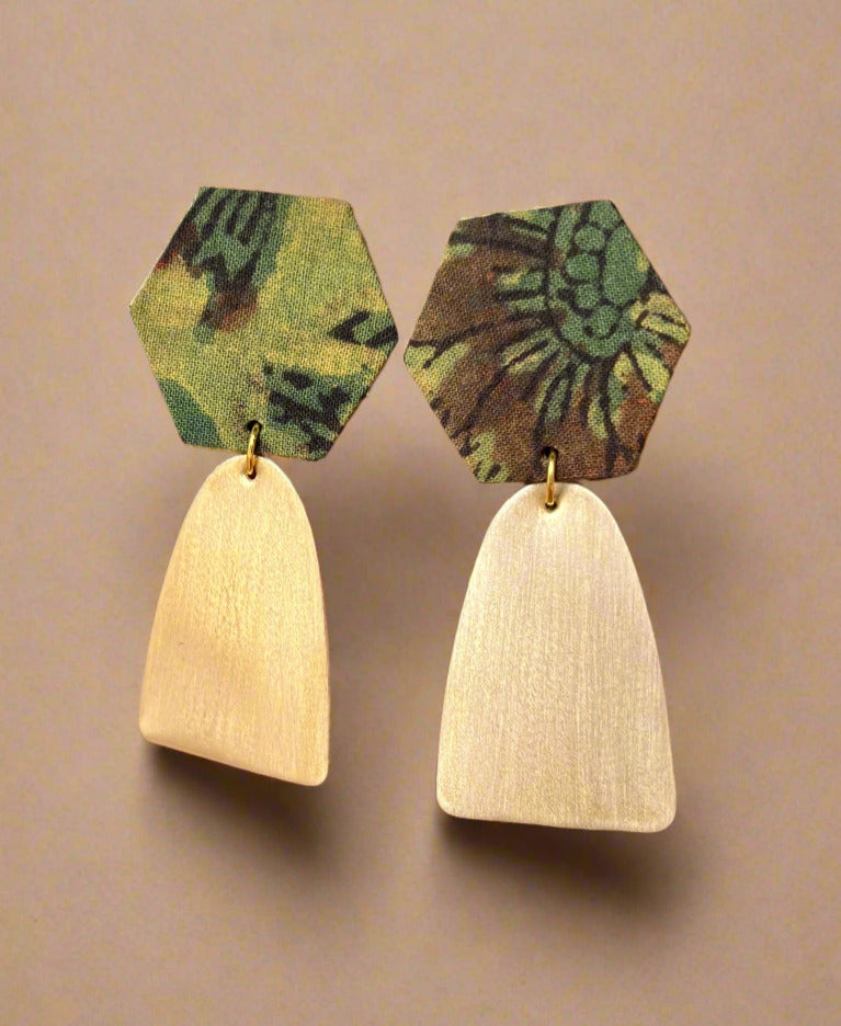 Hexagon Cotton and Brass Dangler Earrings